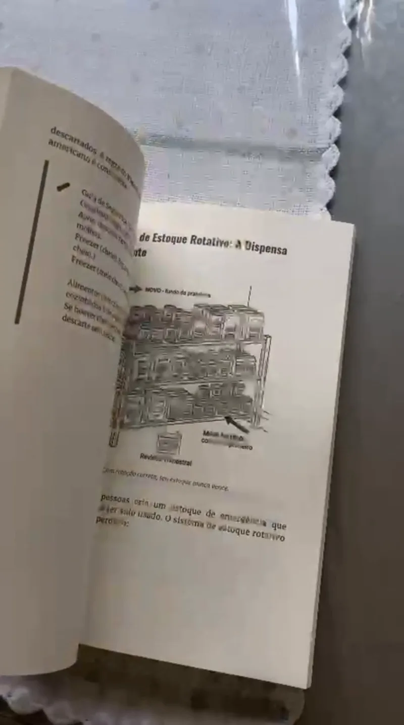 Página do livro sobre o rodízio da despensa, com o desenho de uma prateleira organizada