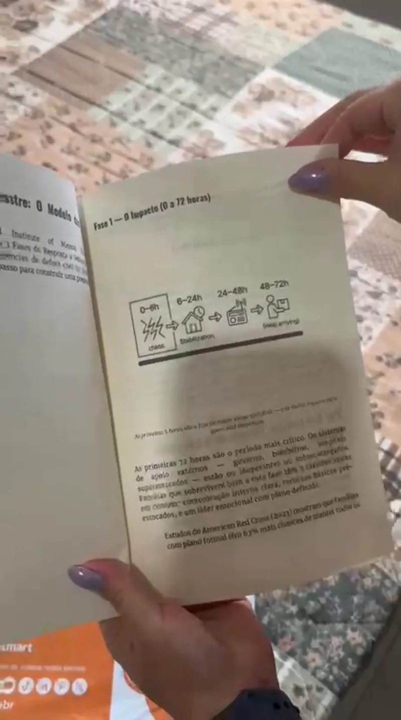 Página do livro com a linha do tempo das primeiras 72 horas, dividida em etapas